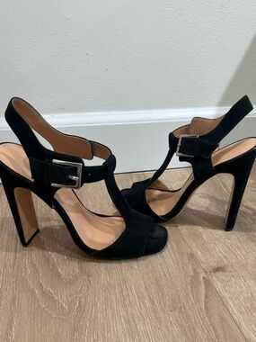 Halston Heritage Black Suede T-Strap High Heel Sandals